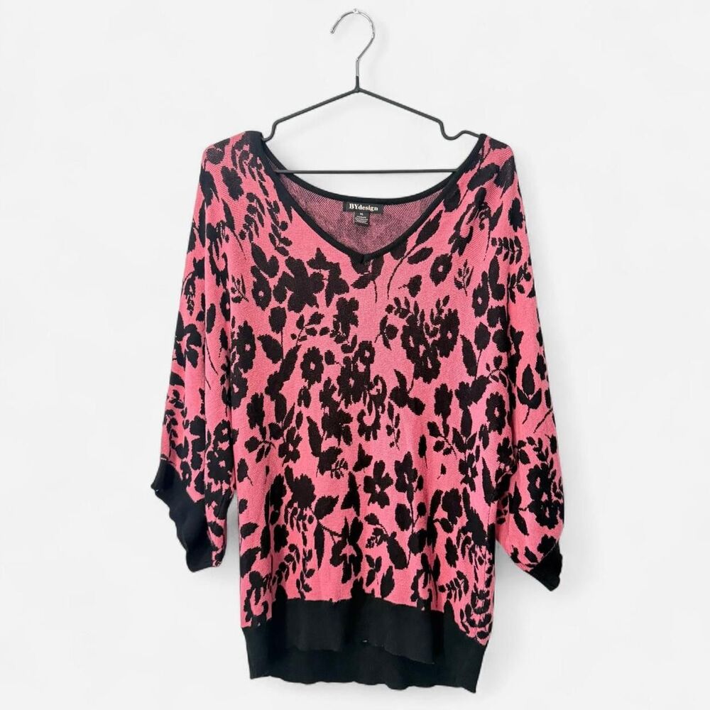 Cottagecore boho fairy black floral print on pink knit sweater Nordstrom XL